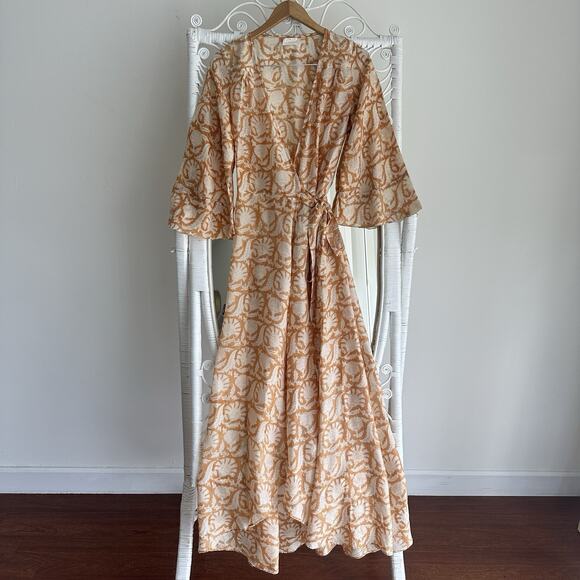 Hannah Artwear Luna Wrap Dress OS Silk Indian Block Print Boho Ruffle Feminine - Picture 3 of 14